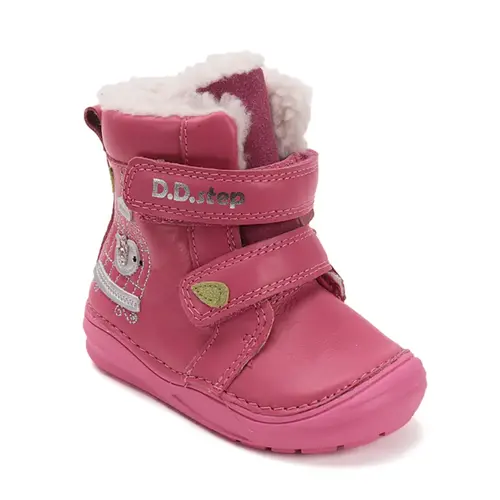 Ghete inalte din piele naturala pentru fete, D.D.Step, imblanite, roz, pasare in colivie - W071-52381-25-