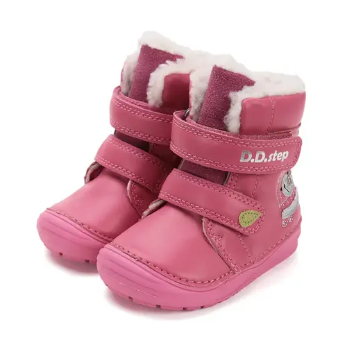 Ghete inalte din piele naturala pentru fete, D.D.Step, imblanite, roz, pasare in colivie - W071-52381-25-