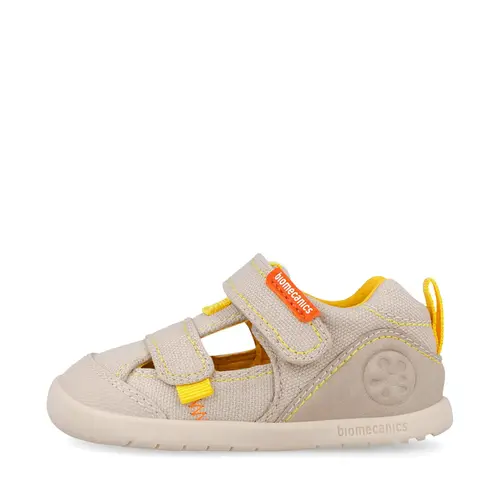 Sandale Barefoot Baieți, Biomecanics Wider Canvas cu Dublu Scai - Bej cu Accente Portocalii_262191-C891-21_Pebebe