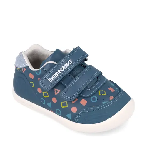 Pantofi Barefoot Biomecanics Wider, Piele Naturală, Închidere Dublă - Albastru cu Imprimeu Geometric_262166-A556-21_Pebebe