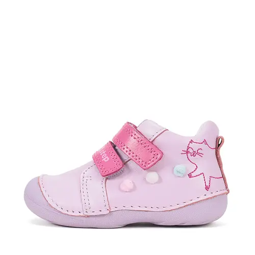 Pantofi D.D. Step fete, primii pasi, piele naturala, talpa flexibila, roz cu pisică_S015-61267-20_Pebebe