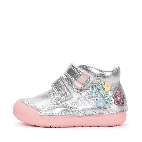 Pantofi D.D. Step fete, piele naturala, primii pași, talpa felxibilă, argintiu, design cu floricele_S066-61993-21_Pebebe