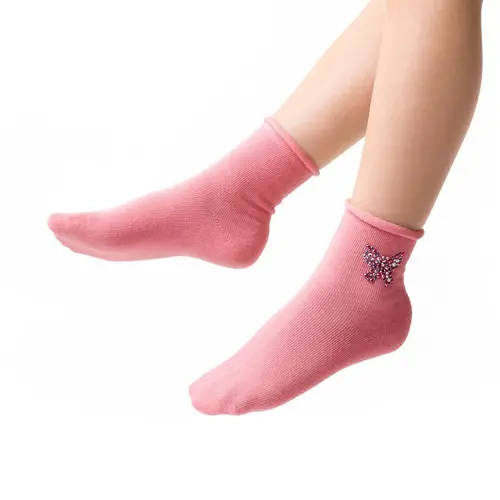 Șosete pentru fete, roz, cu fluturaș  strălucitor, STEVEN_BZ012066G_Pebebe