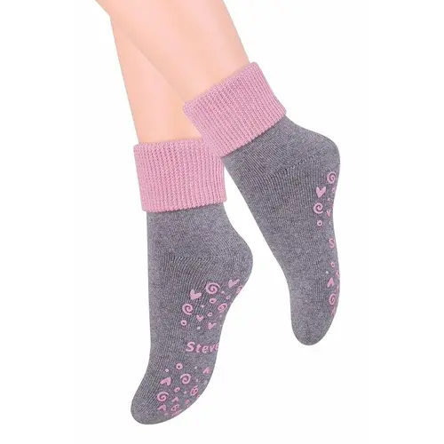 Șosete antiderapante pentru fete, gri, cu manșetă roz, STEVEN_RO011155W_Pebebe