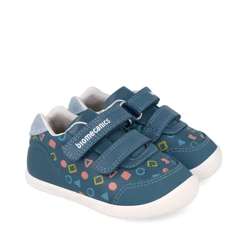 Pantofi Barefoot Biomecanics Wider, Piele Naturală, Închidere Dublă - Albastru cu Imprimeu Geometric_262166-A556-21_Pebebe