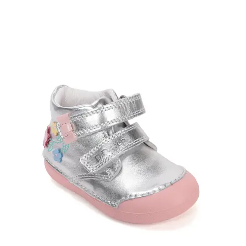 Pantofi D.D. Step fete, piele naturala, primii pași, talpa felxibilă, argintiu, design cu floricele_S066-61993-21_Pebebe