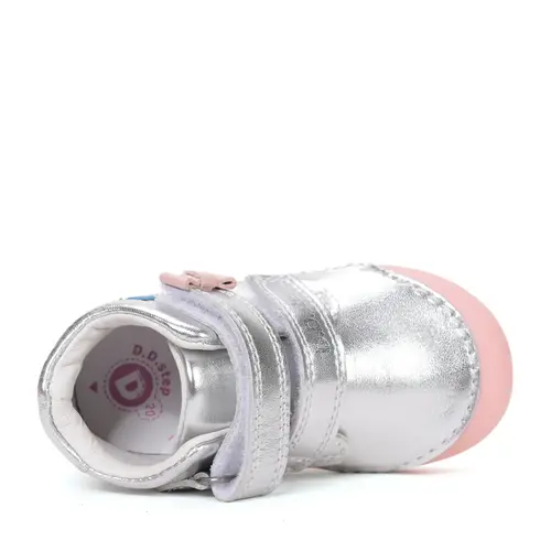 Pantofi D.D. Step fete, piele naturala, primii pași, talpa felxibilă, argintiu, design cu floricele_S066-61993-21_Pebebe