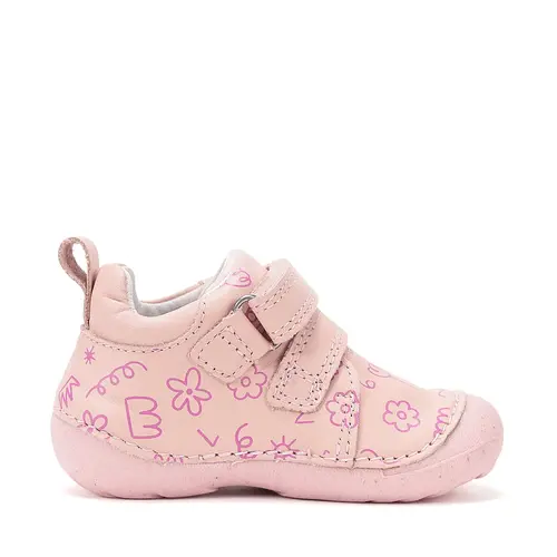 Pantofi D.D. Step fete, primii pasi, piele naturala, talpa flexibila, roz cu imprimeu flori_S015-61675A-20_Pebebe