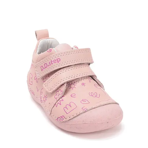 Pantofi D.D. Step fete, primii pasi, piele naturala, talpa flexibila, roz cu imprimeu flori_S015-61675A-20_Pebebe