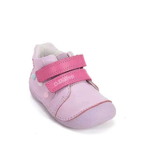 Pantofi D.D. Step fete, primii pasi, piele naturala, talpa flexibila, roz cu pisică_S015-61267-20_Pebebe