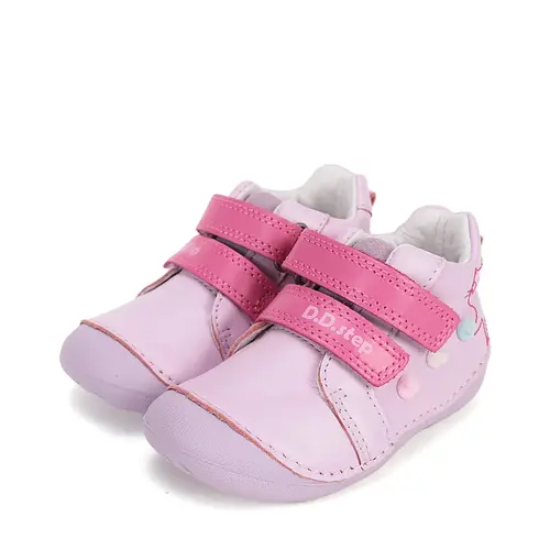 Pantofi D.D. Step fete, primii pasi, piele naturala, talpa flexibila, roz cu pisică_S015-61267-20_Pebebe