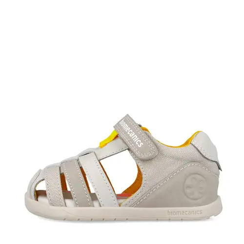 Sandale Barefoot Biomecanics Wider, Material Textil și Piele - Bej cu Detalii Galbene_262168-B695-20_Pebebe