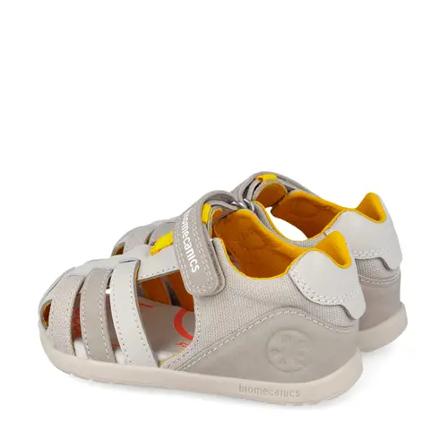 Sandale Barefoot Biomecanics Wider, Material Textil și Piele - Bej cu Detalii Galbene_262168-B695-20_Pebebe