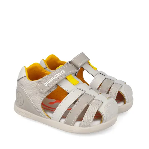 Sandale Barefoot Biomecanics Wider, Material Textil și Piele - Bej cu Detalii Galbene_262168-B695-20_Pebebe