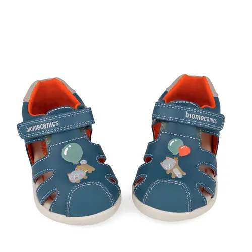 Sandale Barefoot Biomecanics Wider, Piele Naturală, Protecție Vârf - Albastru cu Pisică și Balon_262167-A556-21_Pebebe