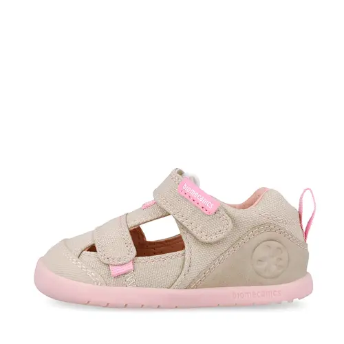 Sandale Barefoot Baieți, Biomecanics Wider Canvas cu Dublu Scai - Bej cu Accente roz_262191-F884-20_Pebebe