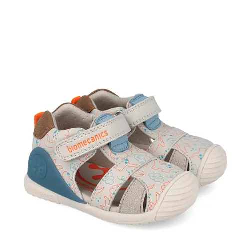 Sandale Biomecanics baieti, Biogateo, Piele Naturală, Bej cu Imprimeu Dinozauri_262125-B695-20_Pebebe