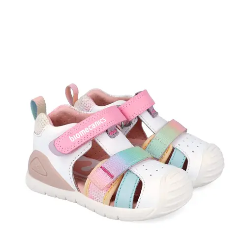 Sandale Biomecanics Biogateo pentru Fetițe – Alb cu Baretă Curcubeu Pastel_262111-C310-19_Pebebe