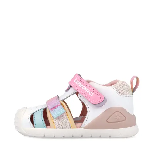 Sandale Biomecanics Biogateo pentru Fetițe – Alb cu Baretă Curcubeu Pastel_262111-C310-19_Pebebe