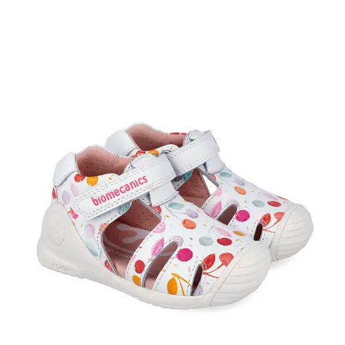 Sandale Închise Biomecanics Biogateo pentru Fetițe, Protecție Degete – Alb cu Imprimeu Multicolor_262104-B050-19_Pebebe