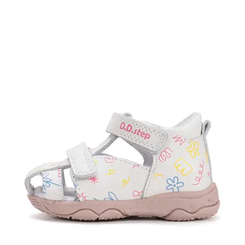 Sandale D.D. Step fete, piele naturală, alb cu imprimeu flori_G064-61994-20_Pebebe