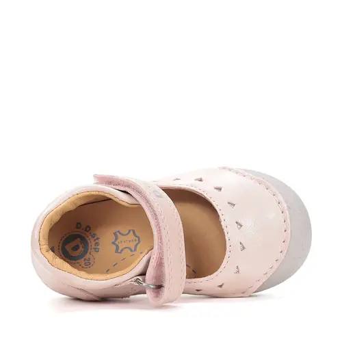 Pantofi D.D.Step, fete, piele naturala, decupati, primii pași, roz sidef cu inimioare_H066-61513-21_Pebebe