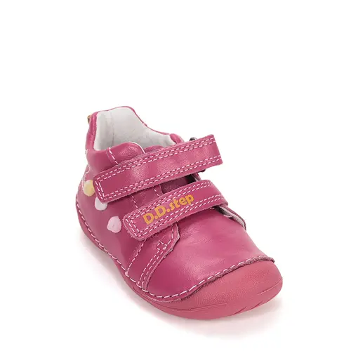 Pantofi D.D. Step fete, primii pasi, piele naturala, talpa flexibila, fuchsia cu pisică_S015-61267A-18_Pebebe