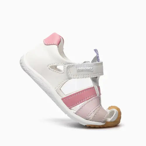 Sandale Barefoot fete Pablosky, albe cu bareta roz, Leader Tech, inchidere cu scai_069805-21_Pebebe