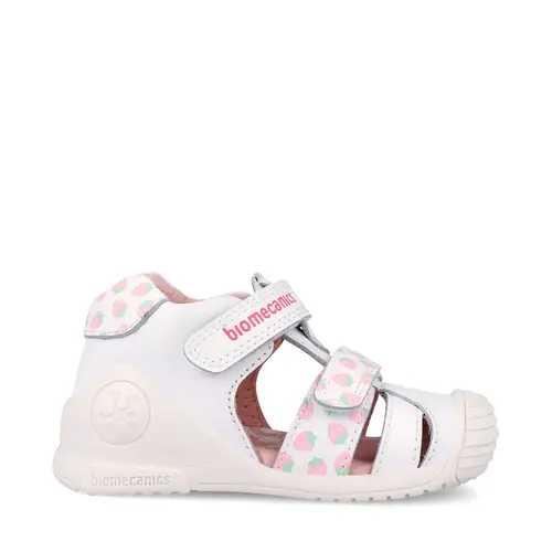 Sandale Biomecanics fete, piele naturala, talpa flexibila, protectie degete, Biogateo Casual, alb cu imprimeu_262107-B050-19_Pebebe