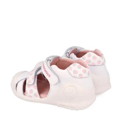 Sandale Biomecanics fete, piele naturala, talpa flexibila, protectie degete, Biogateo Casual, alb cu imprimeu_262107-B050-19_Pebebe