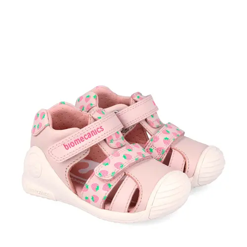 Sandale Biomecanics fete, piele naturala, talpa flexibila, protectie degete, Biogateo Casual, roz cu imprimeu_262107-A779-20_Pebebe