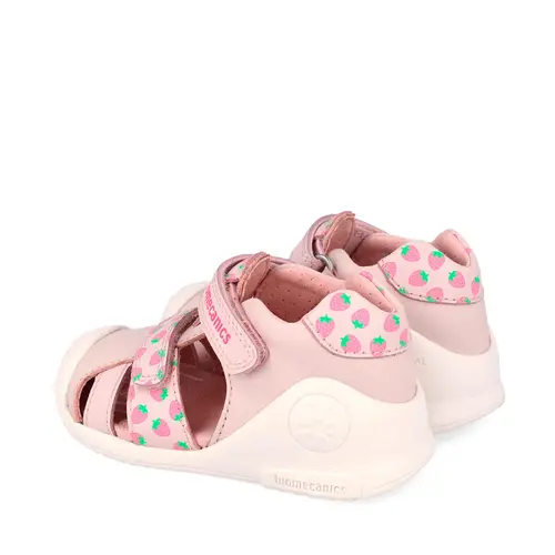 Sandale Biomecanics fete, piele naturala, talpa flexibila, protectie degete, Biogateo Casual, roz cu imprimeu_262107-A779-20_Pebebe