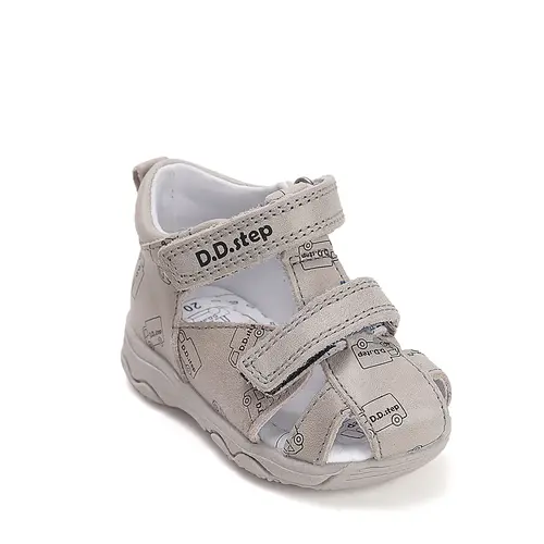 Sandale D.D. Step băieți, piele naturală, gri deschis cu imprimeu camion_G064-61383-20_Pebebe