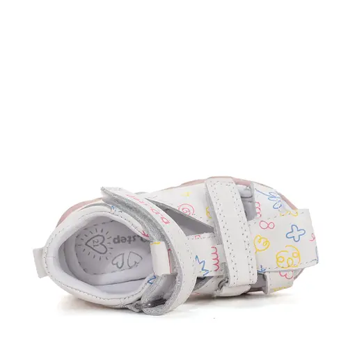 Sandale D.D. Step fete, piele naturală, alb cu imprimeu flori_G064-61994-20_Pebebe