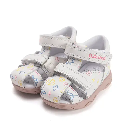 Sandale D.D. Step fete, piele naturală, alb cu imprimeu flori_G064-61994-20_Pebebe