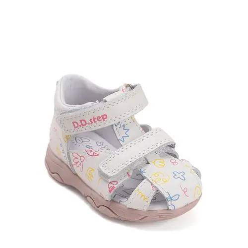Sandale D.D. Step fete, piele naturală, alb cu imprimeu flori_G064-61994-20_Pebebe