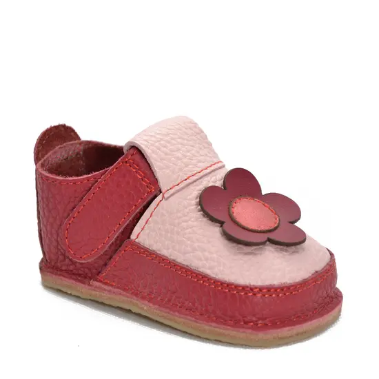 Pantofi din piele moale si talpa flexibila cu floare, rosu- RO-09-floare2-21-By Pebebe-