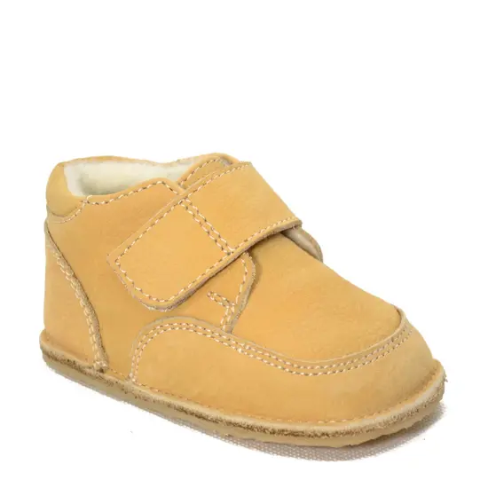Ghete barefoot copii, din piele naturala cu scai, captuseala textila si talpa din cauciuc, galben, LUY- RO-17-8-23-By Pebebe-