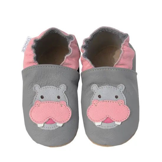 Papucei din piele cu talpa din cauciuc natural cu hipopotam, gri cu roz, Babice- BA-081-20/21-Babice-