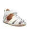 Sandale copii, barefoot, primii pasi, piele naturala, talpa flexibila, inchidere cu scai, alb cu imprimeu- RO-103-5-24-By Pebebe