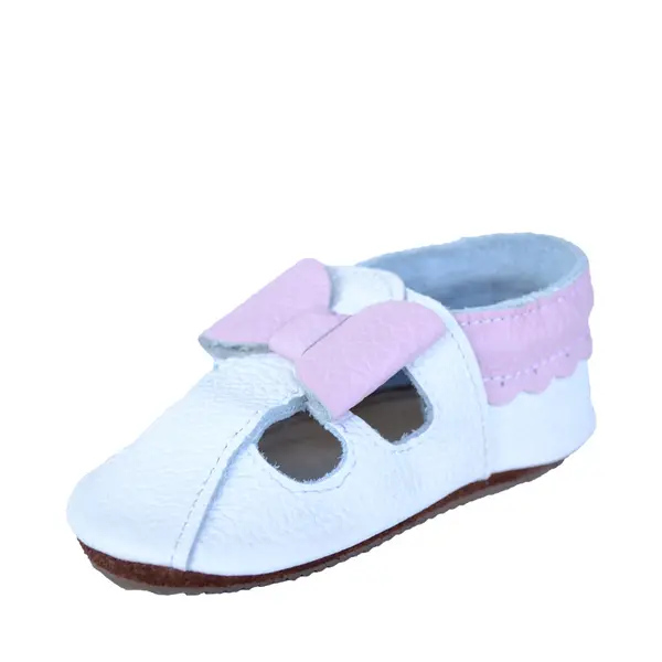 Sandale din piele moale albe cu fundita roz_PL009-alb-29_Pebebe