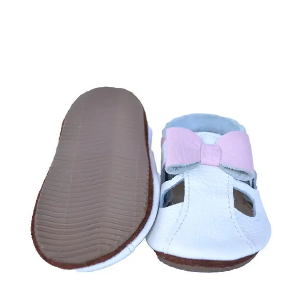 Sandale din piele moale albe cu fundita roz_PL009-alb-29_Pebebe