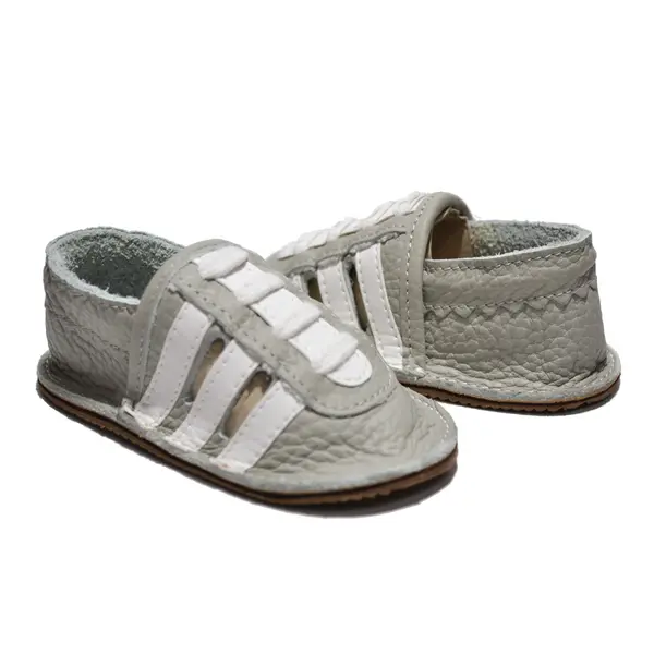 Sandale din piele moale gri cu dungi albe și talpă din piele întoarsă_PL013-gri-29_Pebebe