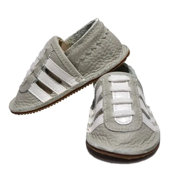 Sandale din piele moale gri cu dungi albe și talpă din piele întoarsă_PL013-gri-29_Pebebe