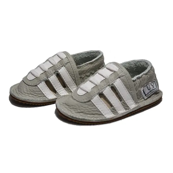 Sandale din piele moale gri cu dungi albe și talpă din piele întoarsă_PL013-gri-29_Pebebe
