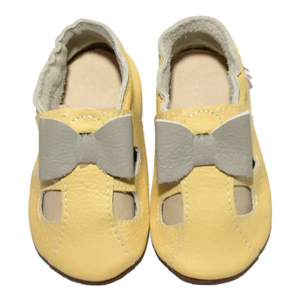 Sandale galbene din piele moale cu fundita gri_PL002-galben-29_Pebebe