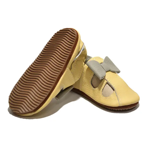 Sandale galbene din piele moale cu fundita gri_PL002-galben-29_Pebebe