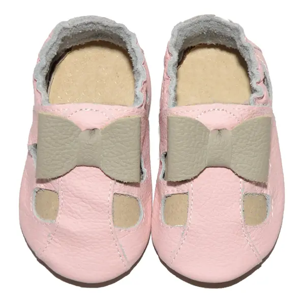 Sandale roz din piele moale cu fundita gri, decupate_PL002-roz-29_Pebebe