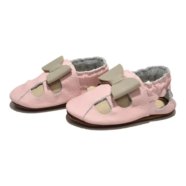 Sandale roz din piele moale cu fundita gri, decupate_PL002-roz-29_Pebebe