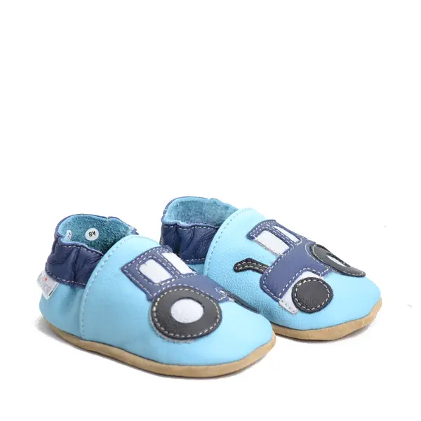 Papucei de interior din piele naturala, albastru cu tractor, Babice_BA-229-16/17_Pebebe